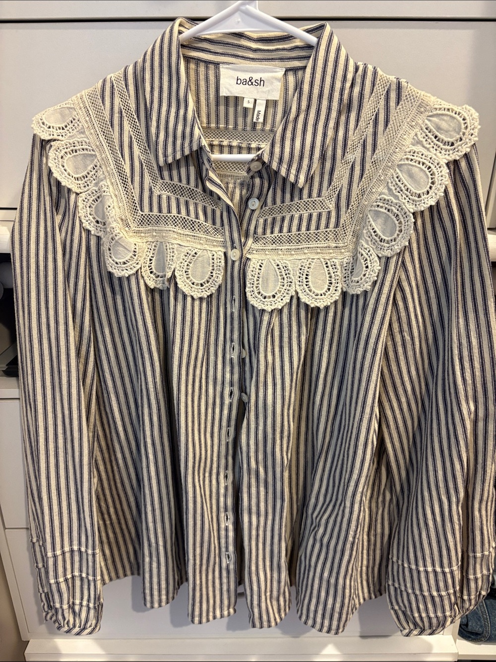 ba&sh Navy and Cream Striped Lace-Trim Button Shirt